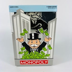 Monopoly Hasbro Set of 3 Crew Socks Shoe Size 6-12 NIB